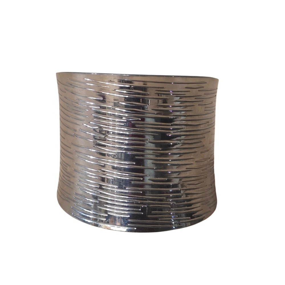 Silver Stainless Steel Wide Ribbed Textured Cuff Statement Bracelet Bangle